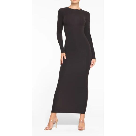 SKIMS Fits Everybody Dress Crew Neck Long Sleeve Bodycon Maxi Onyx Black NWT XS - Picture 1 of 9